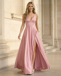 V-neck A-line Satin Prom Dress with Slit and Pockets