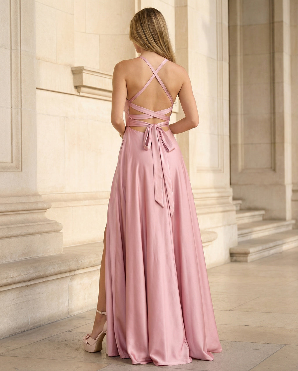 V-neck A-line Satin Prom Dress with Slit and Pockets
