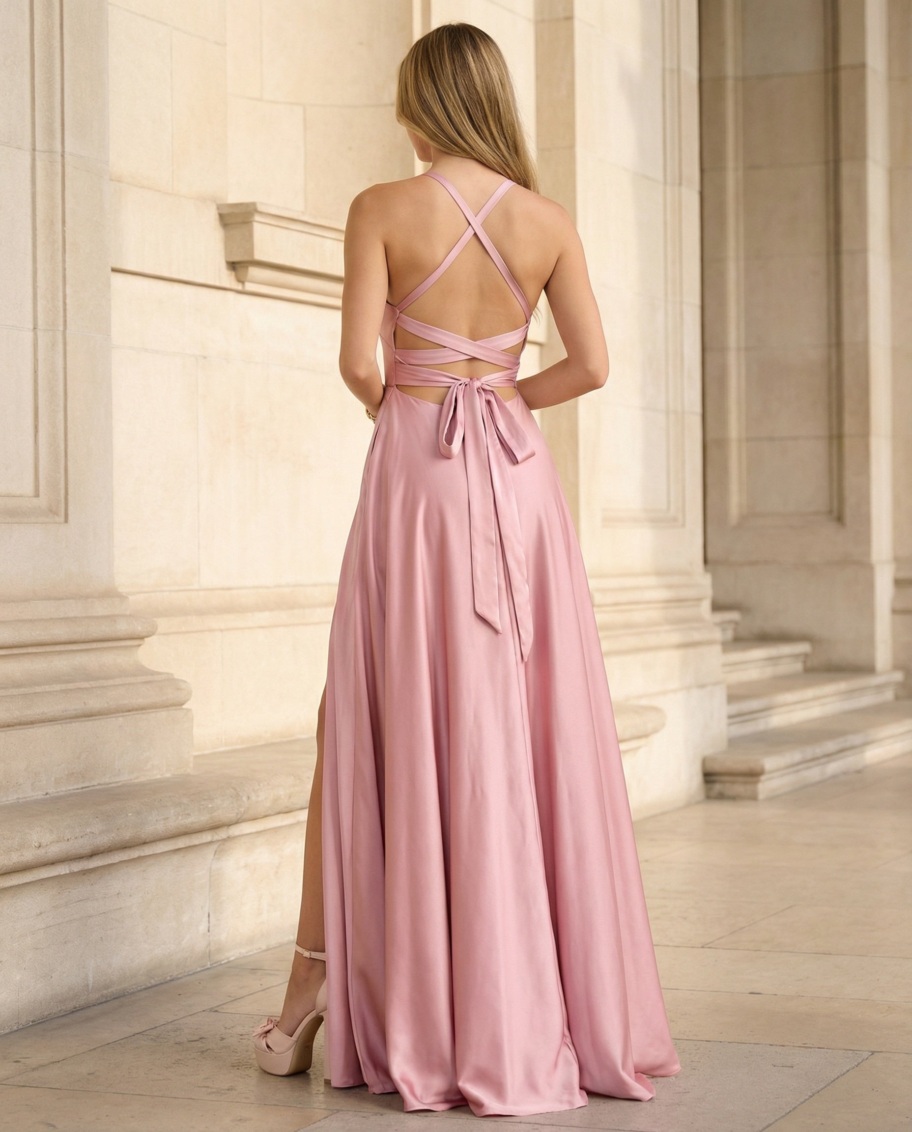 V-neck A-line Satin Prom Dress with Slit and Pockets