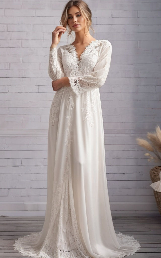 Bohemian Long Bell Sleeves V-Neck Lace and Chiffon A-Line Wedding Dress