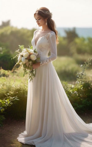 Boho Long Sleeves Plunging Neckline Lace and Chiffon A-Line Wedding Dress