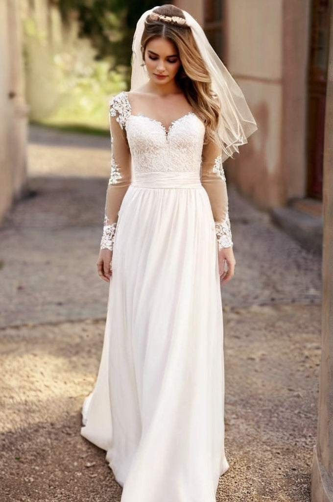 Bohemian Long Sleeves Pleated Waist Lace and Chiffon A-Line Wedding Dress