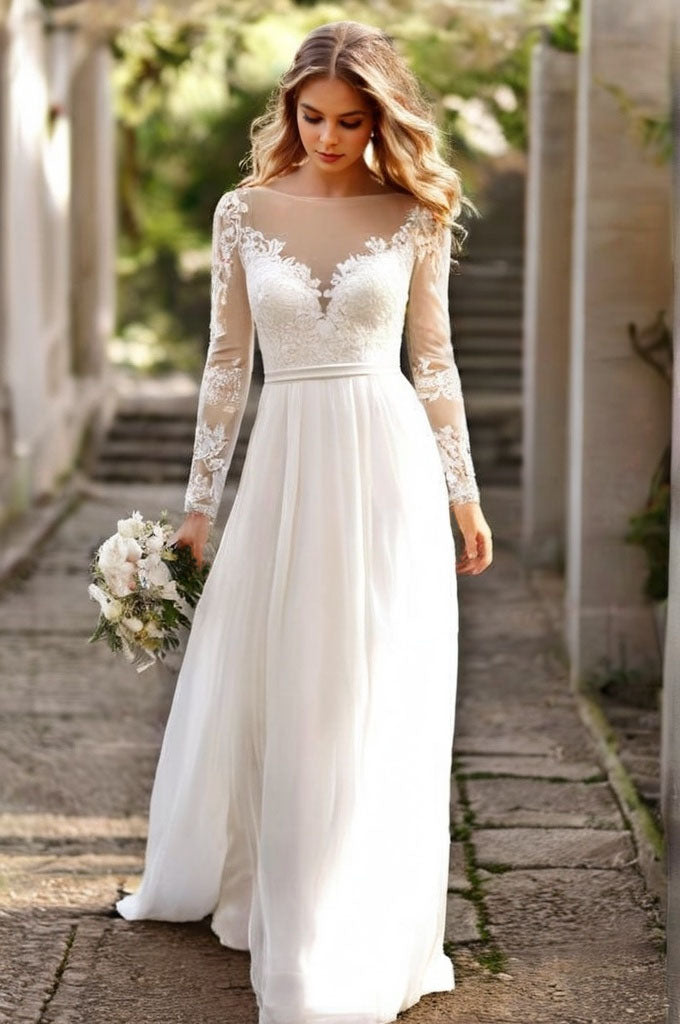 Bohemian Long Sleeves Lace Bodice and Chiffon Skirt  A-Line Wedding Dress with Belt