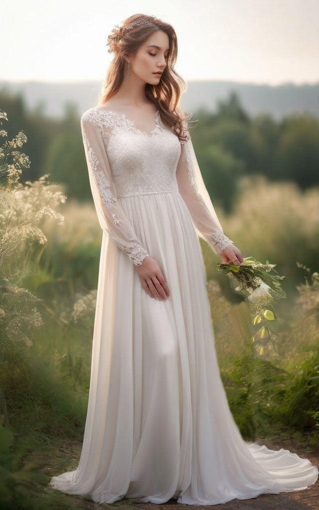 Boho Long Sleeves V-Neck Lace and Chiffon A-Line Wedding Dress