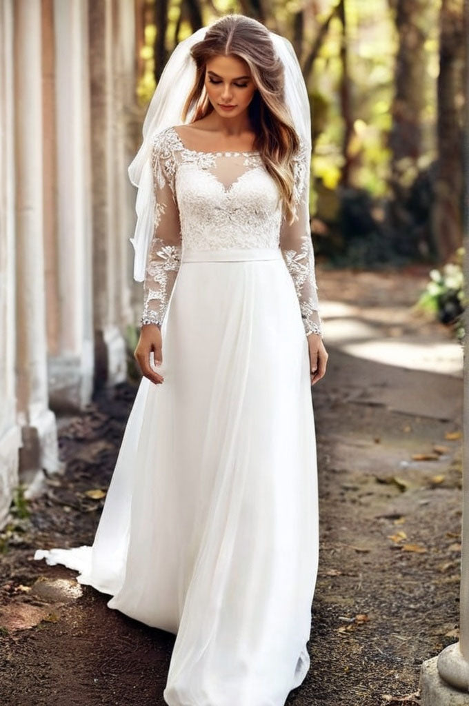 Boho Long Sleeves  Square Neck Lace and Chiffon A-Line Wedding Dress with Belt