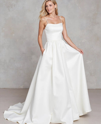 Minimalist Spaghetti Straps Satin A-line Wedding Dress with Pockets