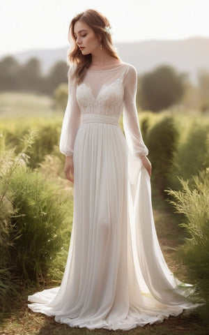 Boho Long Sleeves Illusion Neck Lace and Chiffon A-Line Wedding Dress with Pleated Waist