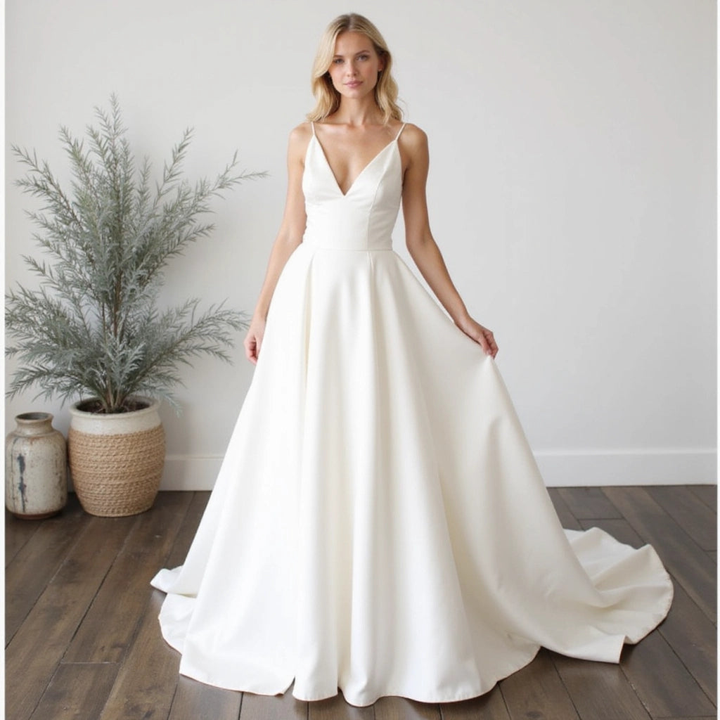 Simple V-Neck Princess Satin Wedding Dress with Sweep Train