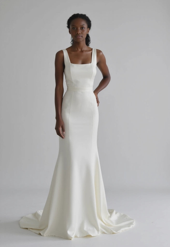 Minimalist Square Neck Sheath Satin Wedding Dress with Belt