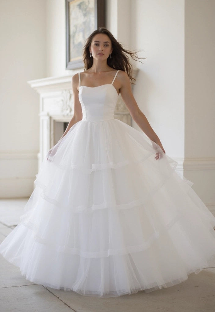 Spaghetti Straps Satin Bodice Tiered Tulle Skirt Wedding Dress