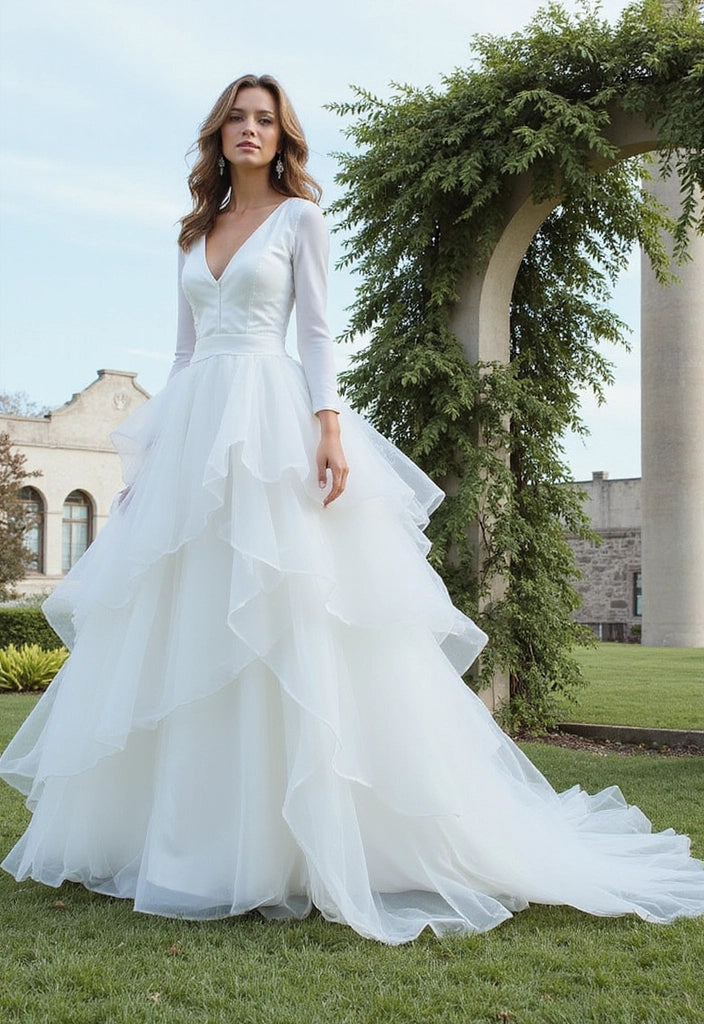 Tiered Skirt Long Sleeve V-Neck Satin and Organza Wedding Dress with Brush Train