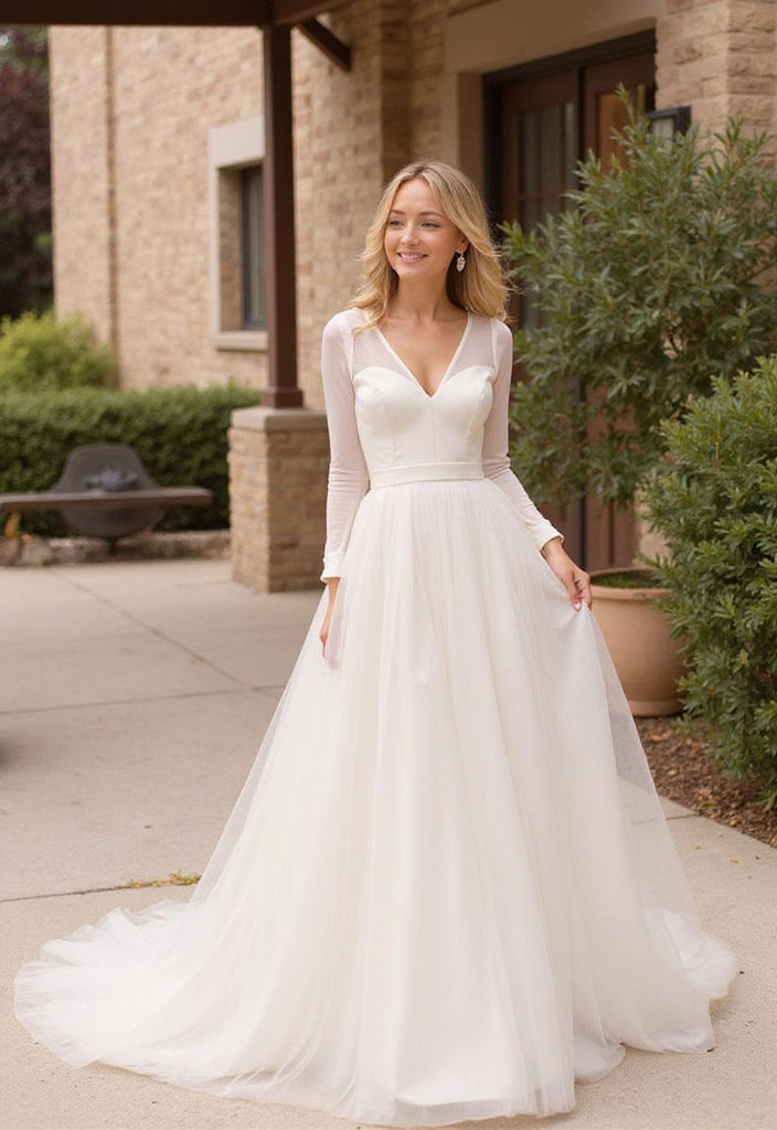Long Sleeve V-Neck Satin and Tulle Wedding Dress with Belt