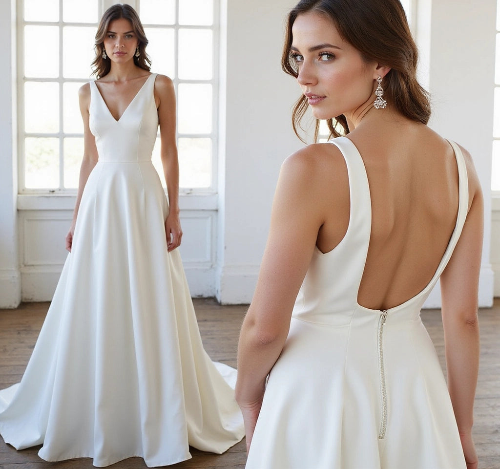 Sassy Open Back V-Neck Sleeveless A-Line Satin Wedding Dress with Brush Train