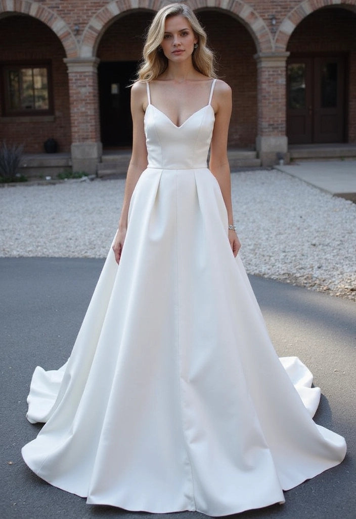Minimalist Spaghetti Straps V-Neck A-line Satin Wedding Dress with Sweep Train