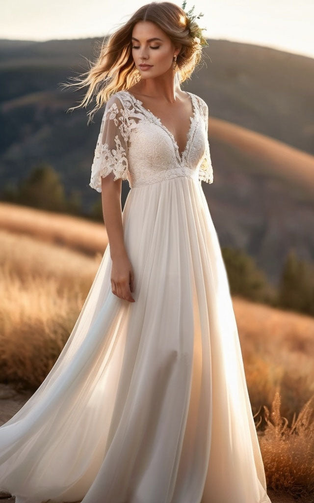 Robe de mariée bohème à col en V et manches mi-longues en dentelle et tulle