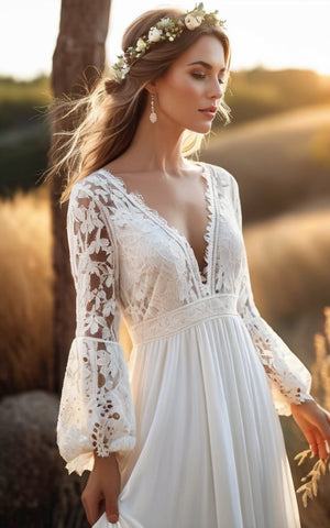 Boho Long Bell Sleeves V-Neck Lace and Chiffon A-Line Dress