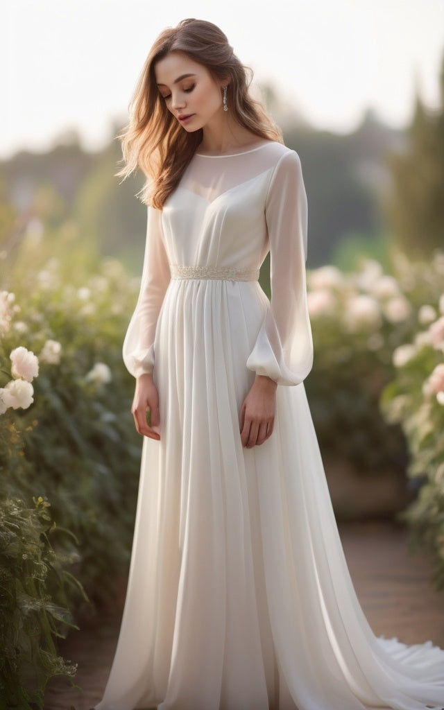 Elegante illusione a maniche lunghe un abito da sposa in chiffon con cintura in pizzo