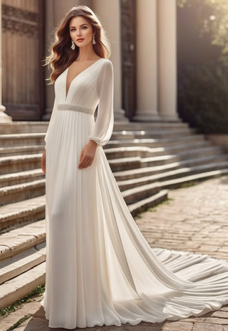 Plunging Neckline Long Sleeve Pleated A Line Chiffon Wedding Dress with Train and Belt