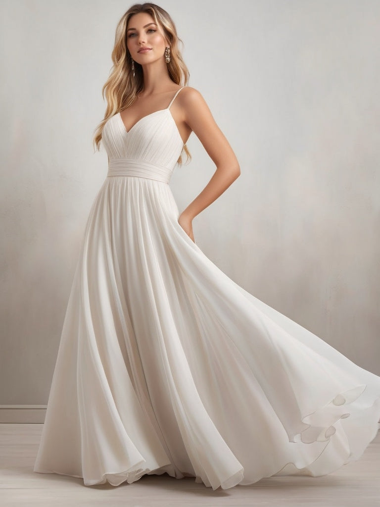 Spaghetti Straps Pleated Bodice and Waist A Line Chiffon Wedding Dress with