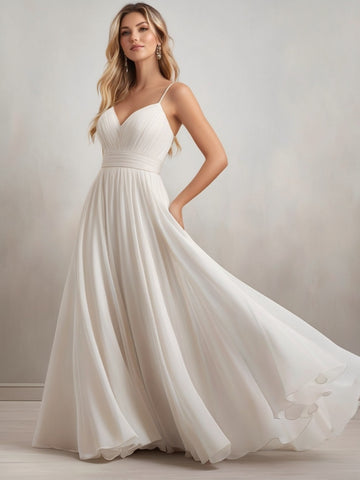 Spaghetti Straps Pleated Bodice and Waist A Line Chiffon Wedding Dress with