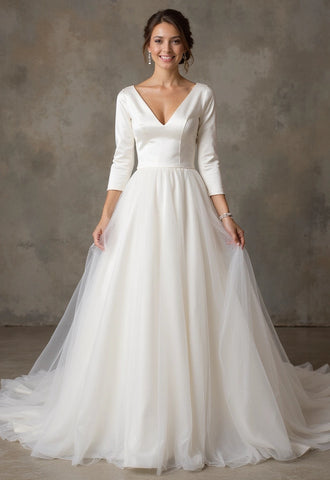 Elegant Satin & Tulle A-Line Wedding Dress with 3/4 Sleeves