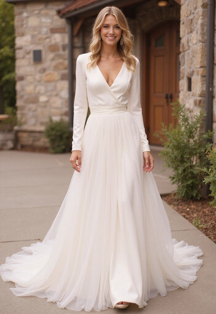 Romantic Long Sleeve V-Neck Wedding Dress with Tulle Skirt