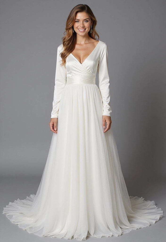 Classic Long Sleeve Satin & Tulle Wedding Gown with Ruched Waist