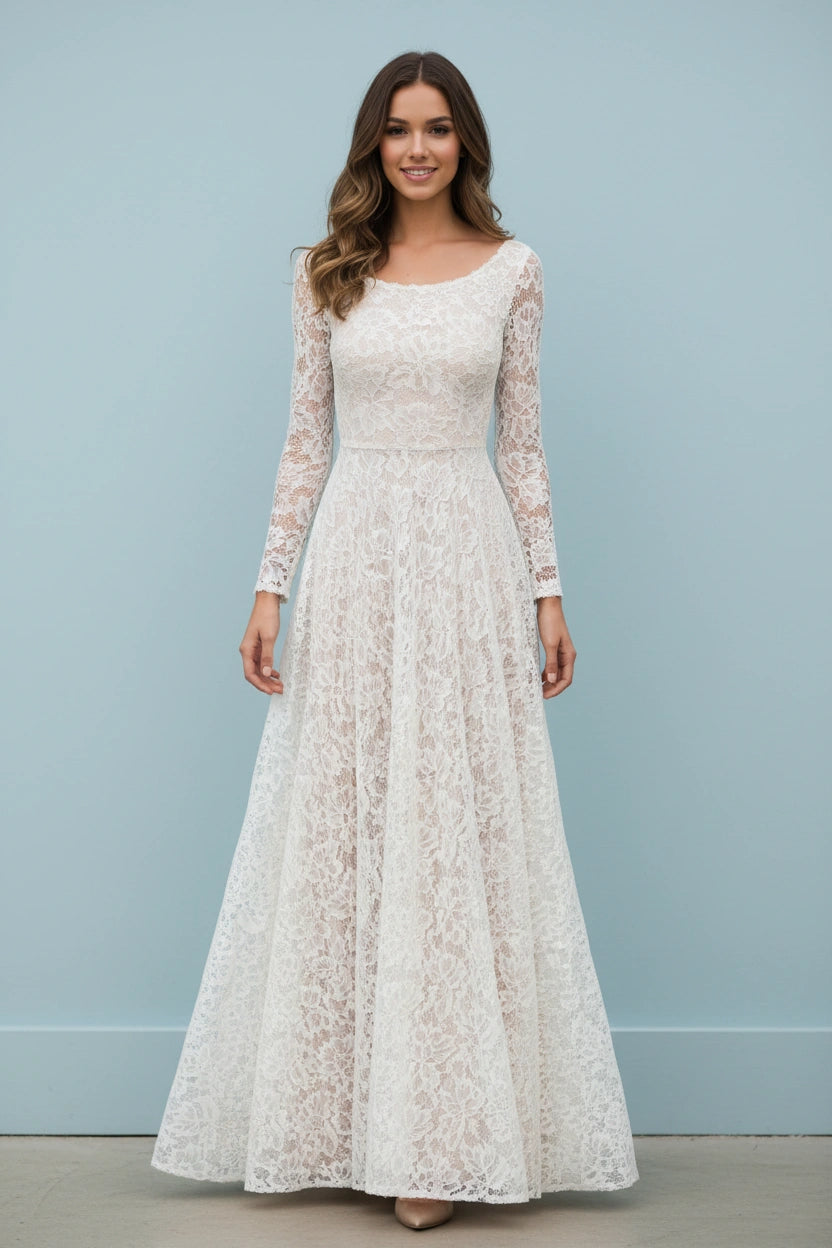 Scoop Neck Long Sleeves A-line Lace Wedding Dress