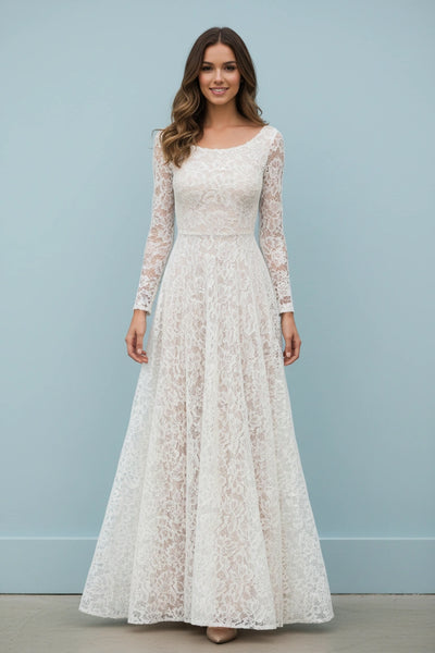 Scoop Neck Long Sleeves A-line Lace Wedding Dress