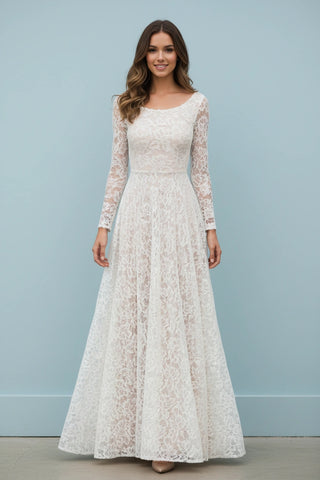 Scoop Neck Long Sleeves A-line Lace Wedding Dress