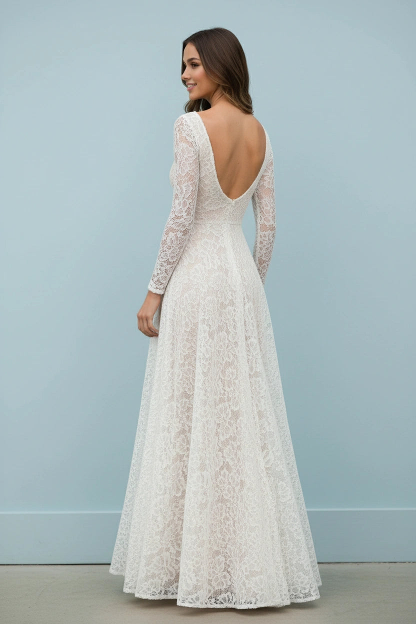 Scoop Neck Long Sleeves A-line Lace Wedding Dress