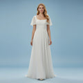 Square Neck Short Sleeves Pleated Waist A-line Chiffon Wedding Dress with Brush Train