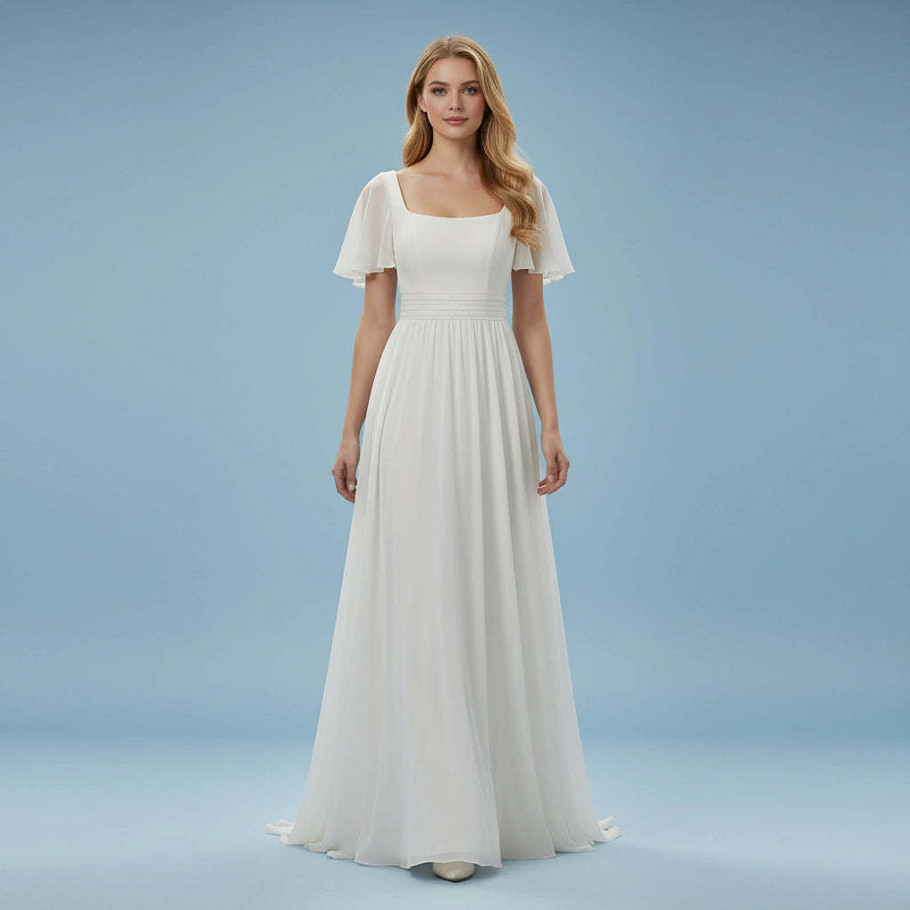 Square Neck Short Sleeves Pleated Waist A-line Chiffon Wedding Dress with Brush Train