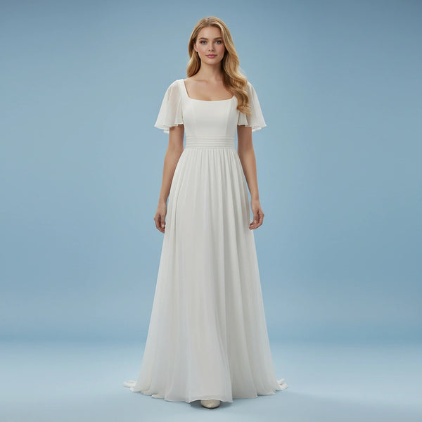 Square Neck Short Sleeves Pleated Waist A-line Chiffon Wedding Dress with Brush Train