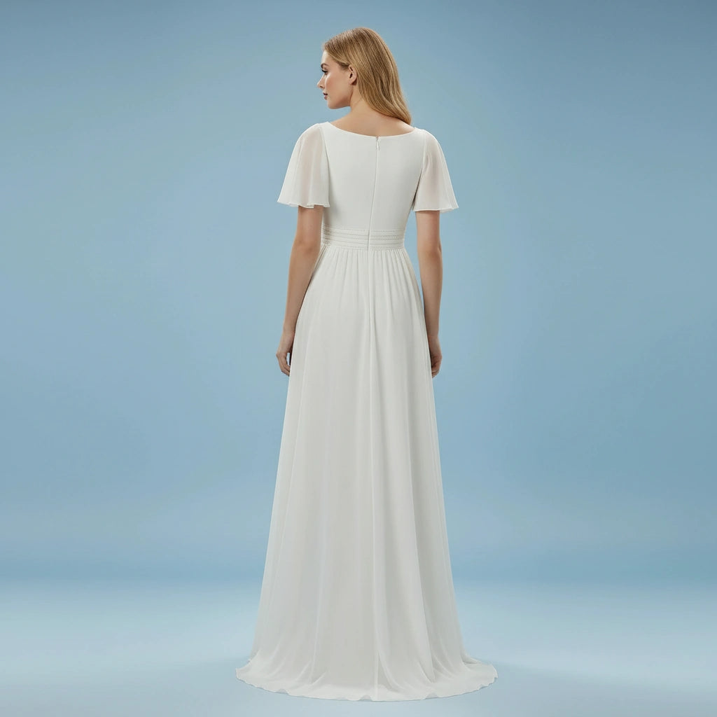 Square Neck Short Sleeves Pleated Waist A-line Chiffon Wedding Dress with Brush Train