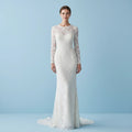 Jewel Neck Long Sleeves Sheath Lace Wedding Dress with Brush Train