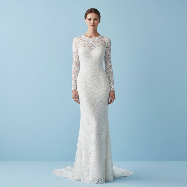 Jewel Neck Long Sleeves Sheath Lace Wedding Dress with Brush Train