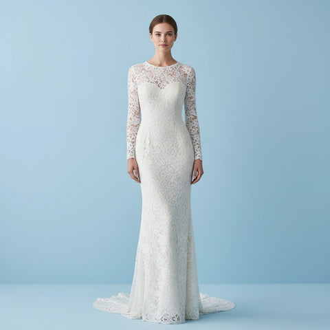 Jewel Neck Long Sleeves Sheath Lace Wedding Dress with Brush Train