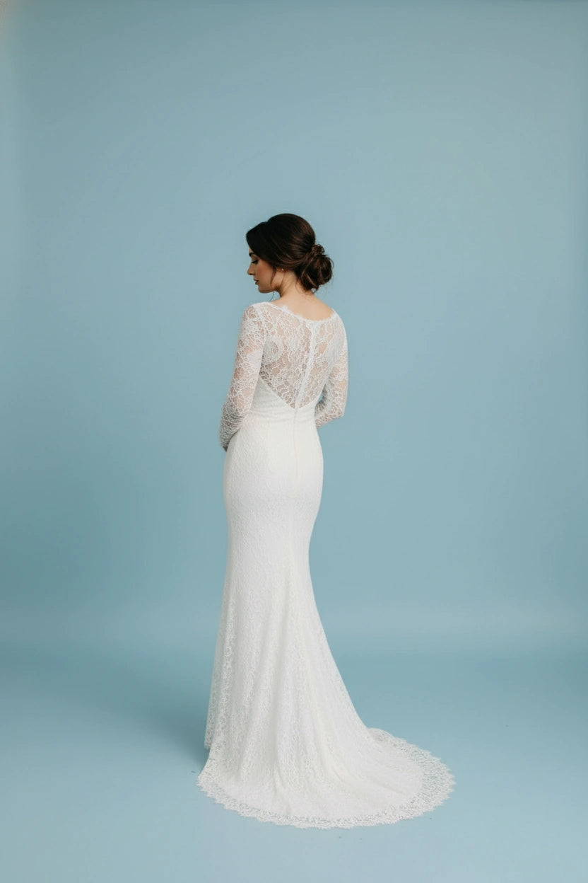 Jewel Neck Long Sleeves Sheath Lace Wedding Dress with Brush Train