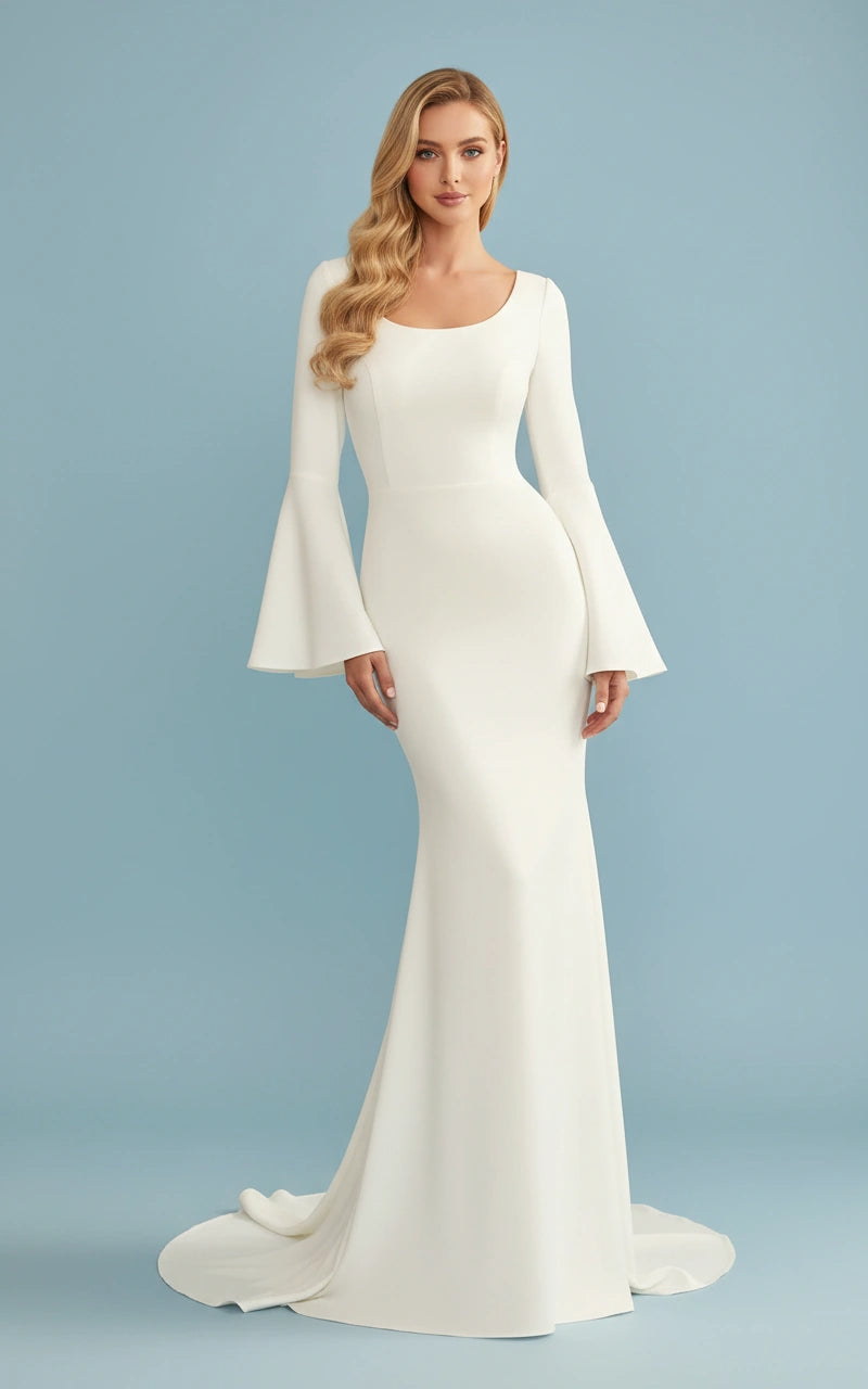 Scoop Neck Long Bell Sleeves Sheath Satin Wedding Dress with Brush Train