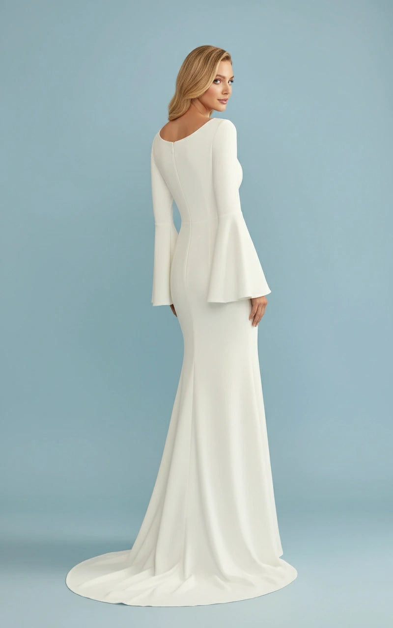 Scoop Neck Long Bell Sleeves Sheath Satin Wedding Dress with Brush Train