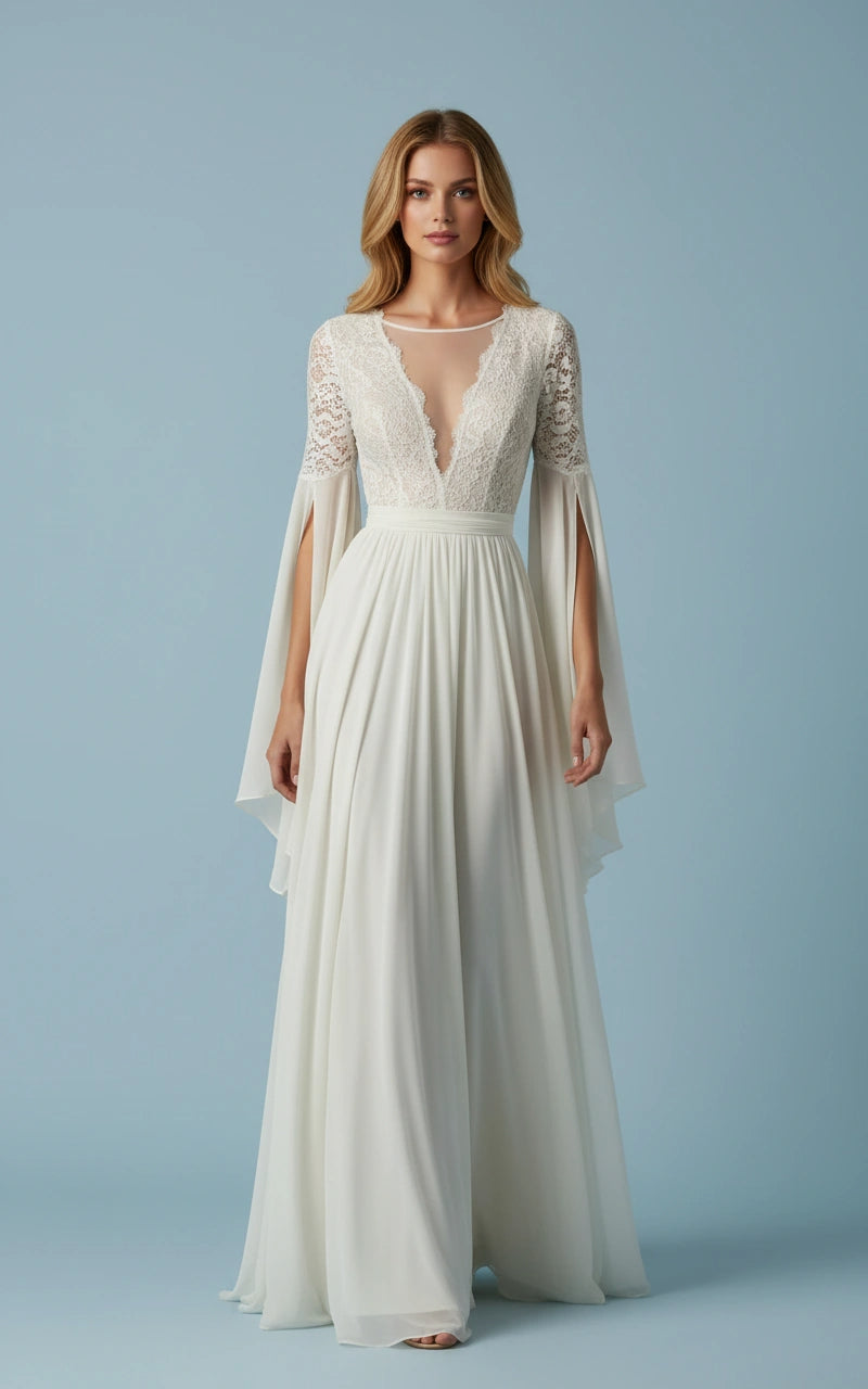 Illusion Jewel Neck Lace Bodice Long Sleeves A-line Chiffon Wedding Dr Ms. Grace Illusion Jewel Neck Lace Bodice Long Sleeves A-line Chiffon Wedding Dr Ms. Grace