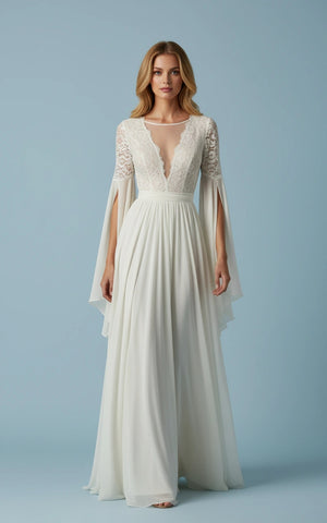 Illusion Jewel Neck Lace Bodice Long Sleeves A-line Chiffon Wedding Dress
