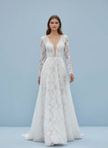 Plunging Neckline Long Sleeves Lace A-line Wedding Dress with Brush Train