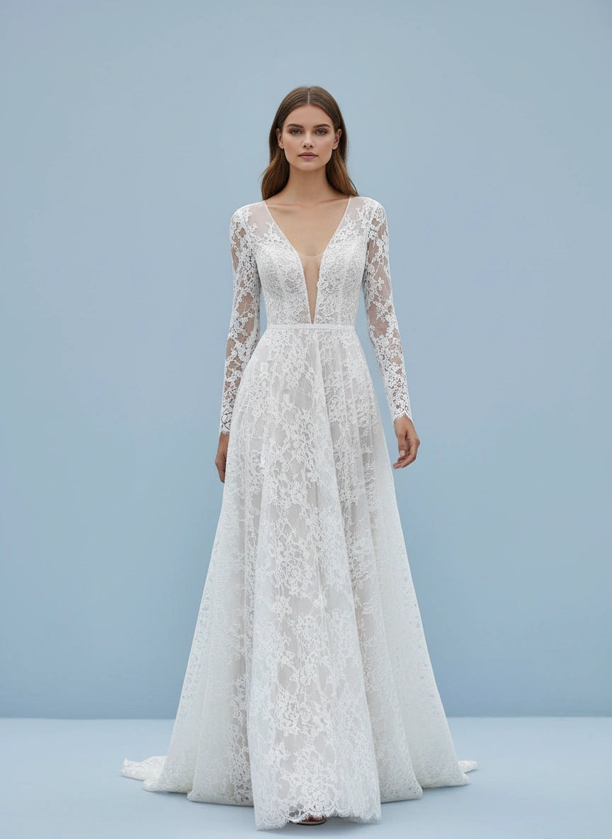 Plunging Neckline Long Sleeves Lace A-line Wedding Dress with Brush Train