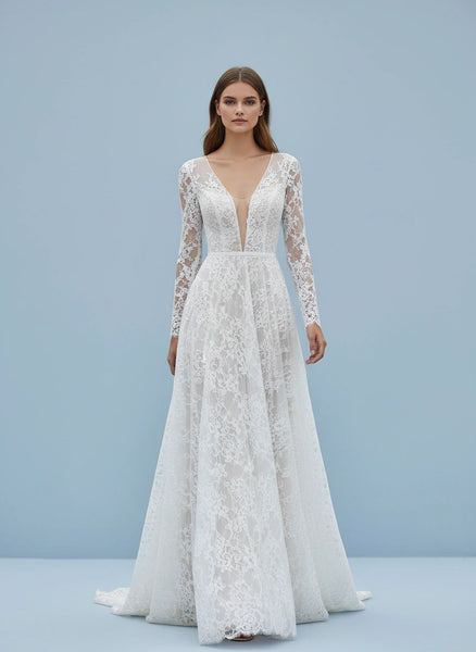 Plunging Neckline Long Sleeves Lace A-line Wedding Dress with Brush Train