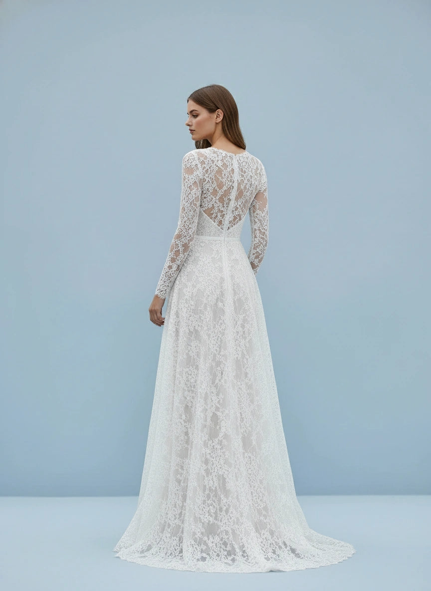 Plunging Neckline Long Sleeves Lace A-line Wedding Dress with Brush Train