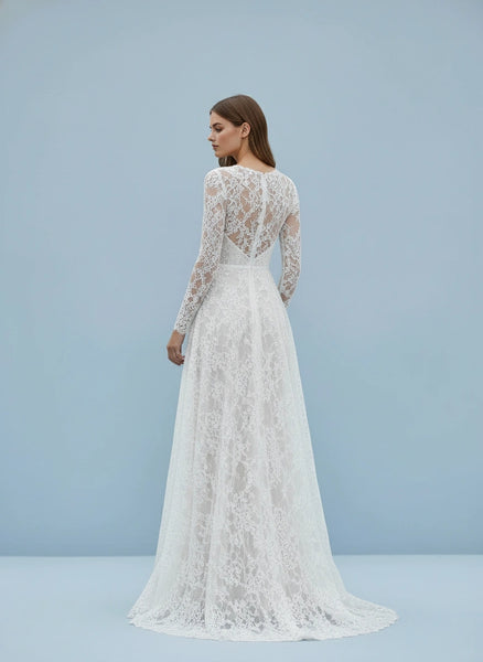 Plunging Neckline Long Sleeves Lace A-line Wedding Dress with Brush Train