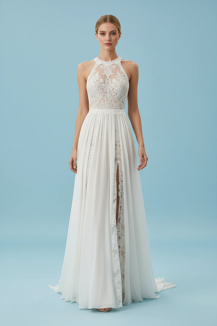 Jewel Neck Lace Bodice Chiffon Skirt Wedding Dress with Brush Train Ms. Grace Jewel Neck Lace Bodice Chiffon Skirt Wedding Dress with Brush Train Ms. Grace