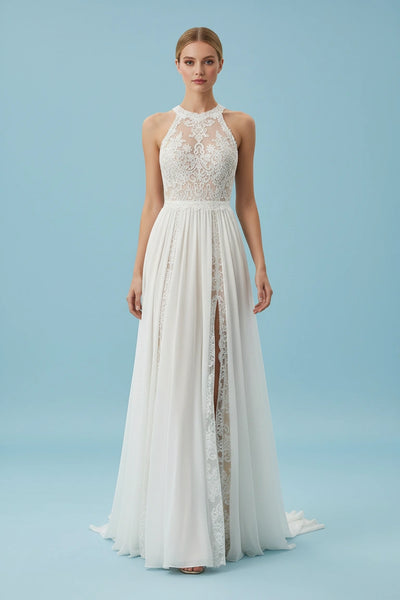 Jewel Neck Lace Bodice Chiffon Skirt Wedding Dress with Brush Train